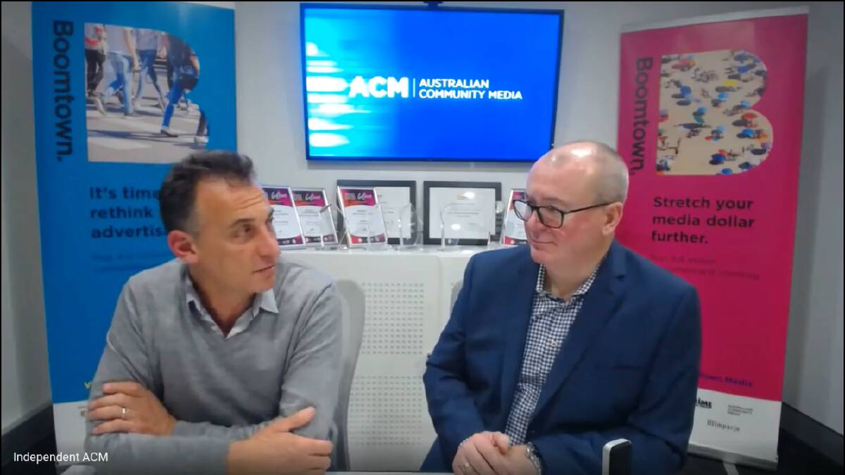 New co-owner of Australian Community Media Antony Catalano, left, talks to the company's staff via live stream this week with ACM managing director Allen Williams.