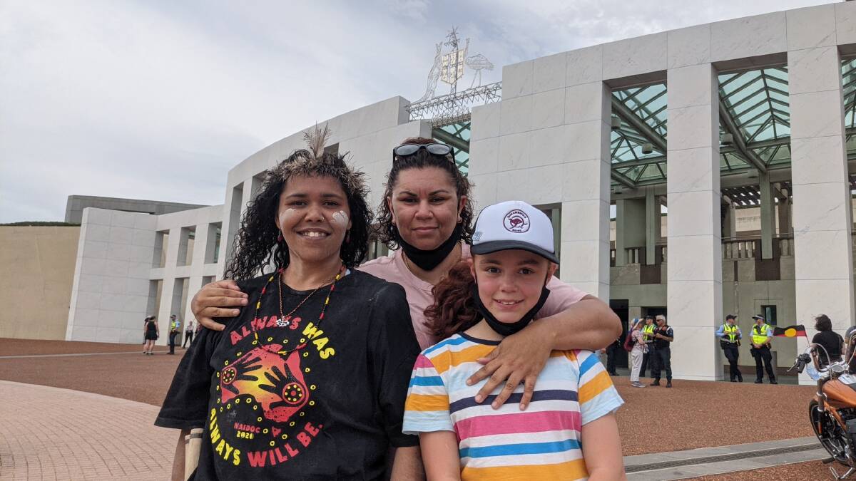 Justine Brown (left) was proud to march on her country but spoke of the frustration of slow change after 27 years of attending the protests. Picture: Sarah Basford Canales