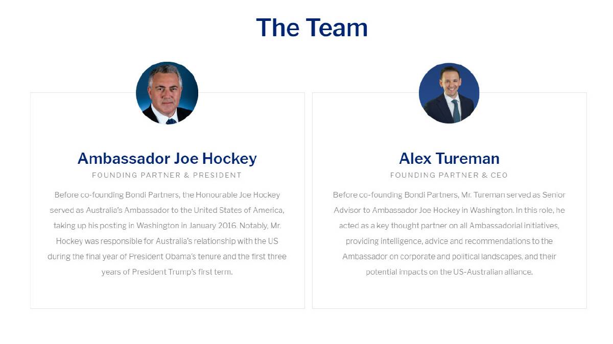 A screenshot showing Mr Tureman's reference to his role as 'thought partner' and 'senior advisor' to Mr Hockey during the ambassadorship. Picture: Bondi Partners