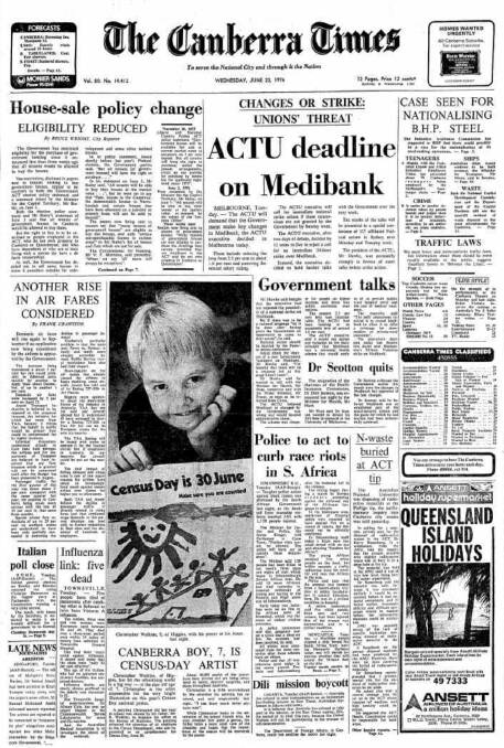 The front page of The Canberra Times on June 23, 1976.
