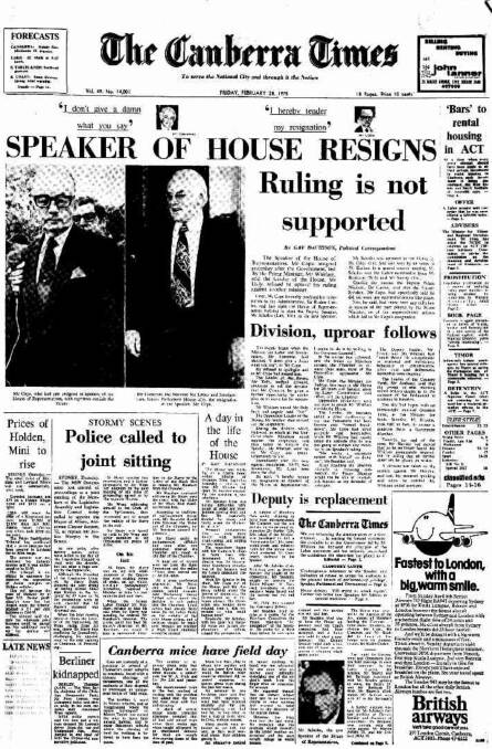 The front page of The Canberra Times on February 28, 1975.
