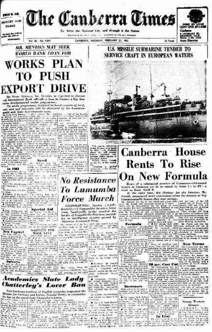 The front page of The Canberra Times on February 27, 1961.