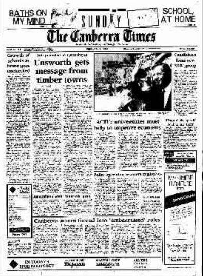 The front page of The Canberra Times on February 21, 1988.