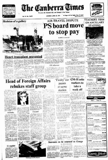 The front page of The Canberra Times on April 30, 1977.