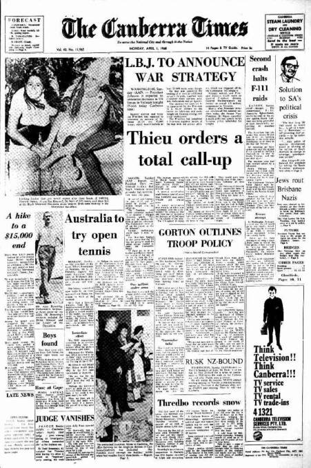 The front page of The Canberra Times on April 1, 1968.