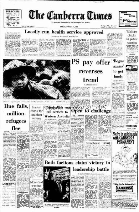 The front page of The Canberra Times on this day in 1975.