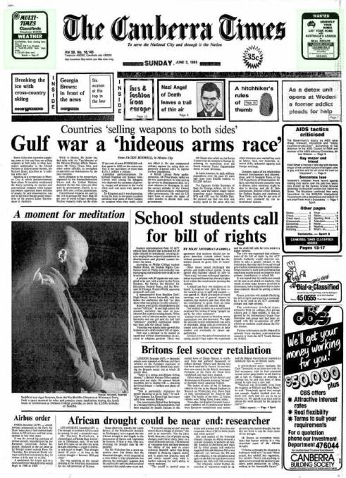 The front page of The Canberra Times on June 2, 1985.