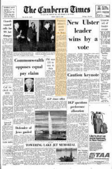 The front page of The Canberra Times on May 2, 1969.