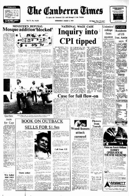 The front page of The Canberra Times on March 2, 1977.
