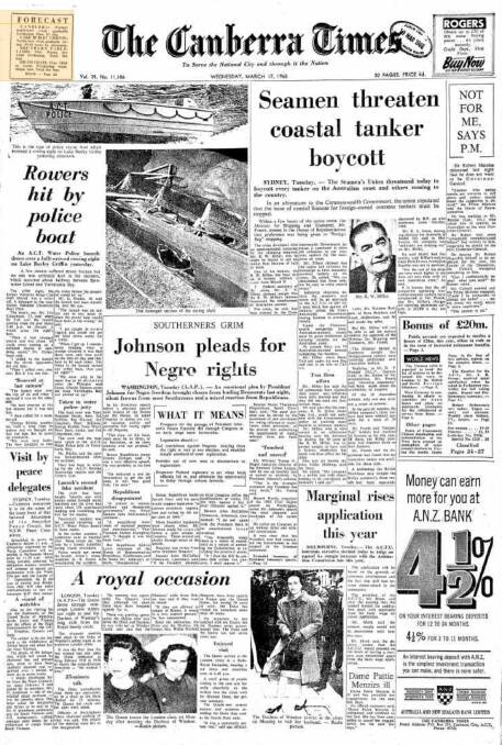 The front page of The Canberra Times on March 17, 1965.