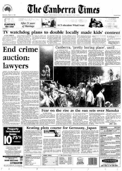 The front page of The Canberra Times on March 15, 1995.