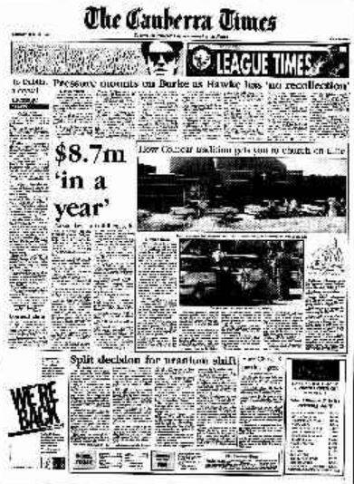 The front page of The Canberra Times on April 11, 1991.
