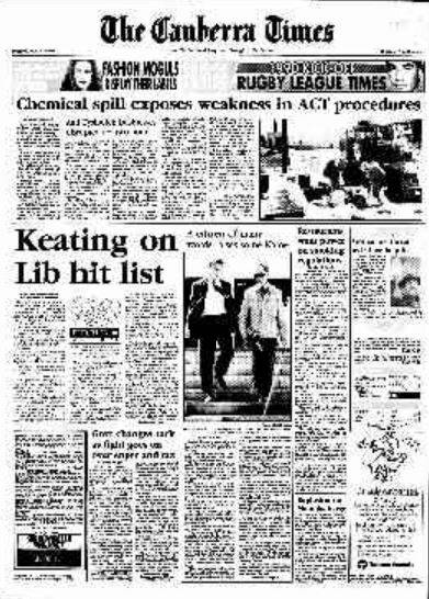 The front page of The Canberra Times on March 13, 1990.