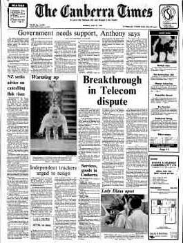 The front page of The Canberra Times on this day in 1991.