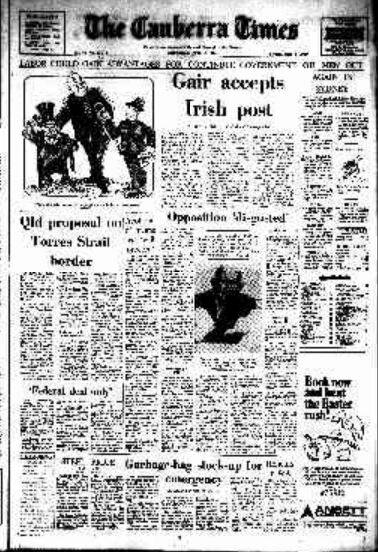 The front page of The Canberra Times on April 3, 1974.