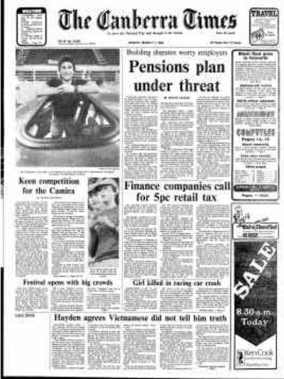 The front page of The Canberra Times on March 11, 1985.