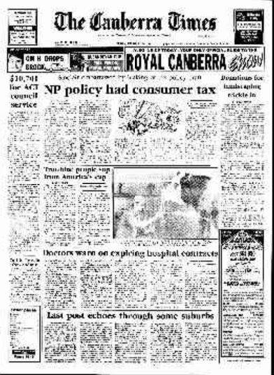 The front page of The Canberra Times of February 20, 1987.