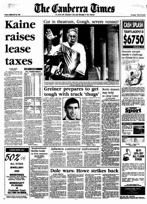 The front page of The Canberra Times on February 23, 1990.