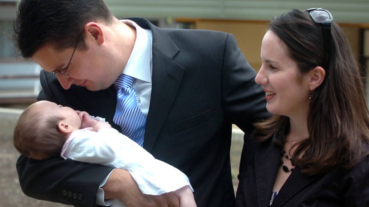 Zed Seselja staring into the eyes of his new-born daughter Olivia after becoming ACT opposition leader. The picture ran on the front page of The Canberra Times, which hangs in Seselja's ministerial office. Picture: Richard Briggs 
