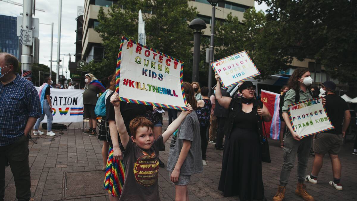 Equality advocates at the #Killthebill Protest against the governments religious discrimination bill, at the Civic bus interchange. Picture: Dion Georgopoulos