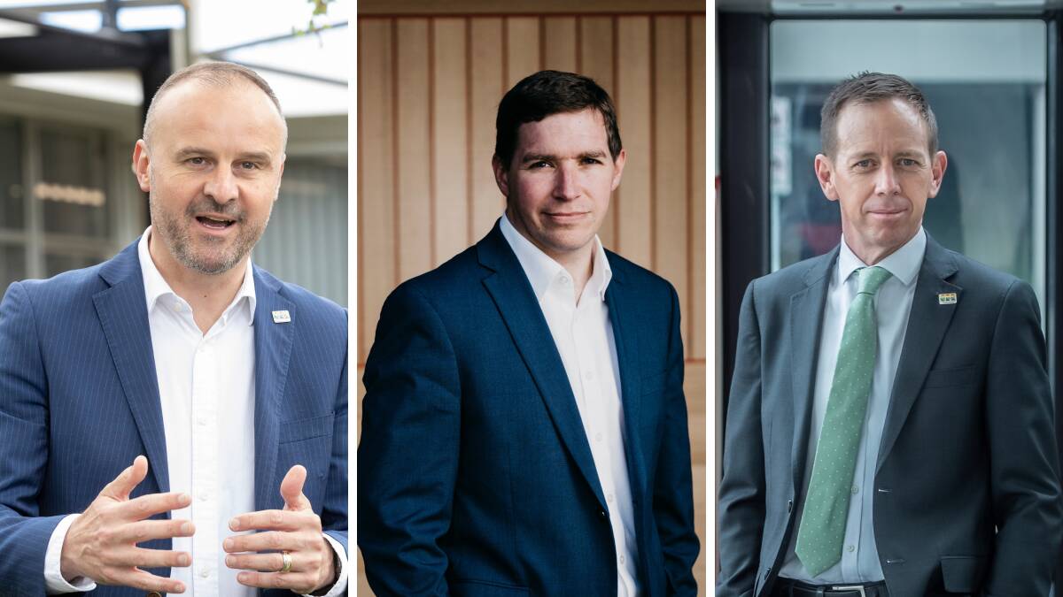 Labor's Andrew Barr, Liberal Alistair Coe and Greens leader Shane Rattenbury. Pictures: Pictures: Sitthixay Ditthavong, Dion Georgopoulos, Karleen Minney