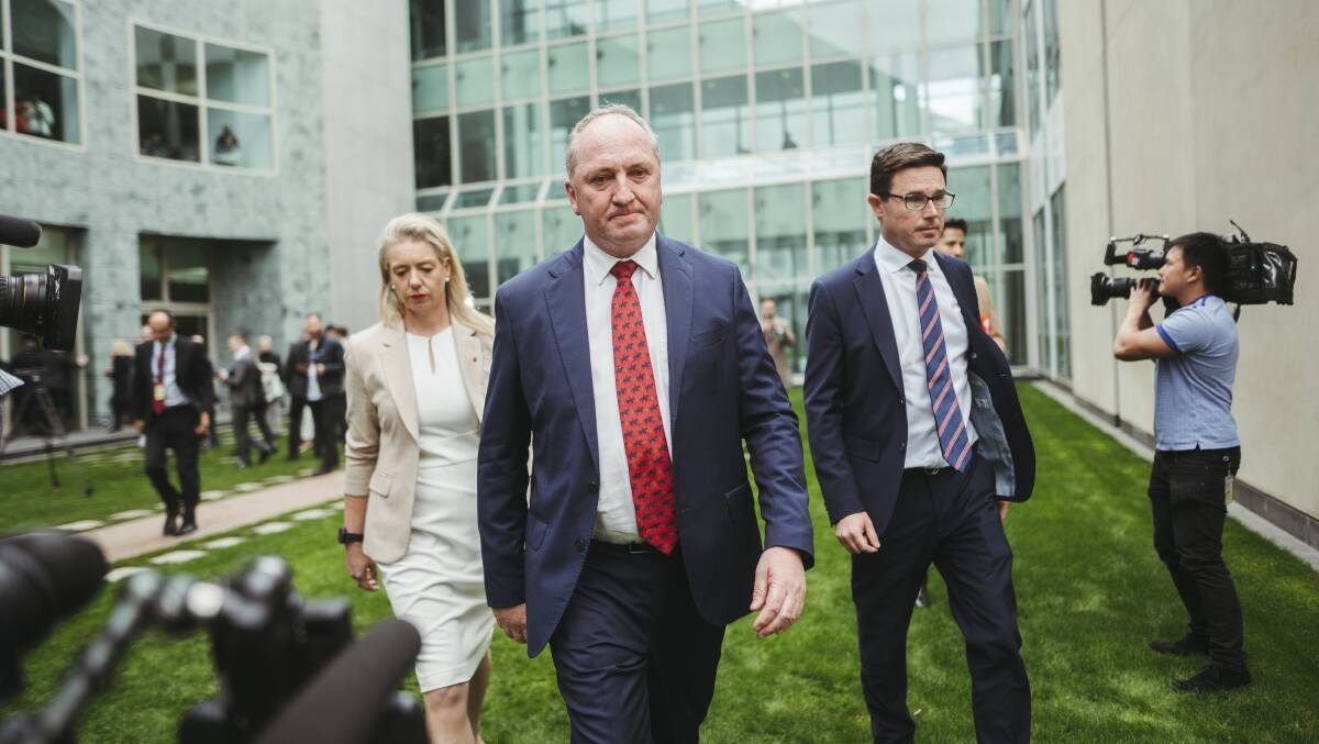 David Littleproud, right, flanking Barnaby Joyce after he took back the leadership from Michael McCormack. Picture: Dion Georgopoulos