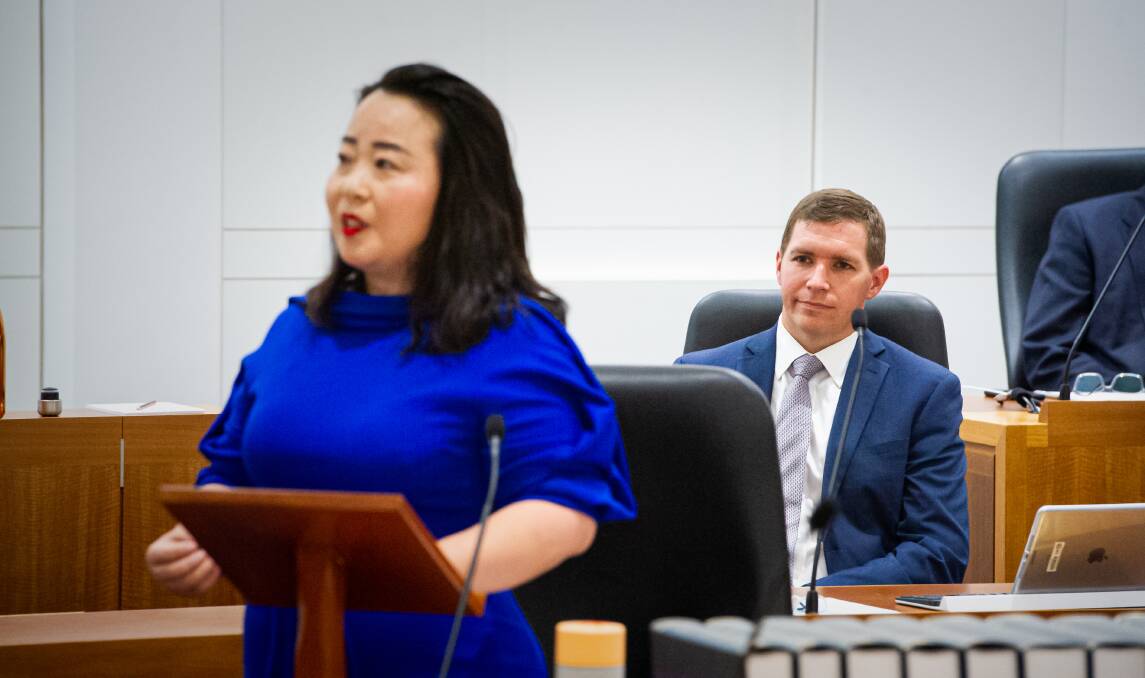 Former leader of the ACT Liberals Alistair Coe listens to new leader Elizabeth Lee speak in the chamber on his last day in the Legislative Assembly. Picture: Elesa Kurtz