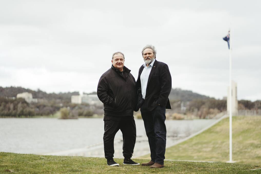 Nic Manikis and Rod Little are behind plans for a National Dreaming Centre in the parliamentary triangle. Picture: Dion Georgopoulos