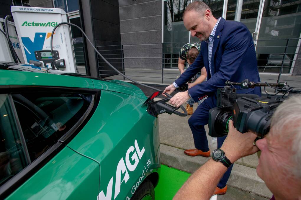 ACT Chief Minister Andrew Barr at a new electric vehicle charging station in Canberra. Picture: Elesa Kurtz