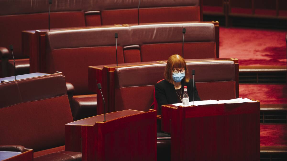 Greens senator Rachel Siewert sits alone in the chamber on Tuesday. Picture: Dion Georgopoulos