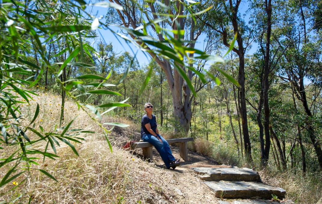 Tricia Richardson bird watches from a rest stop at Kambah Pool. Picture: Elesa Kurtz