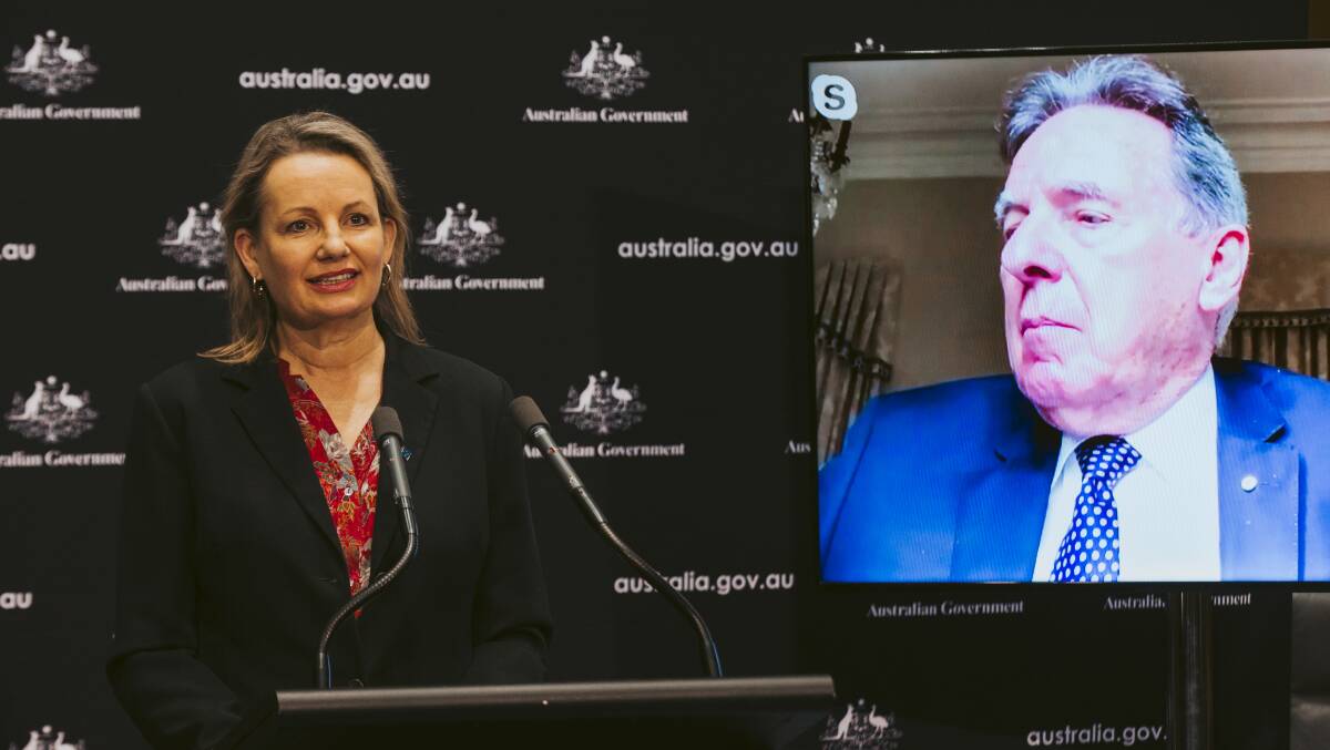 Environment Minister Sussan Ley and Professor Graeme Samuel at the release of his interim report into the EPBC Act. Picture: Jamila Toderas
