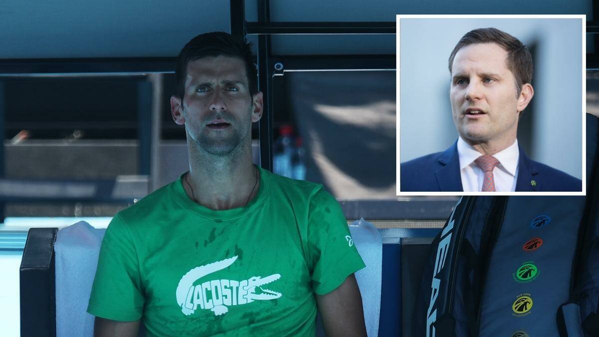 Novak Djokovic's fate is in the hands of Immigration Minister Alex Hawke (inset). Pictures: Getty Images, Sitthixay Ditthavong