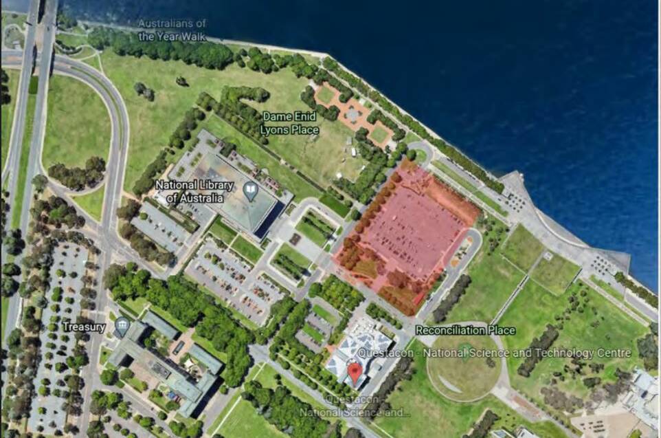 The proponents want the federal government to hand over the car park site next to the National Library of Australia (highlighted in red) to allow the project to go ahead. Picture: Supplied