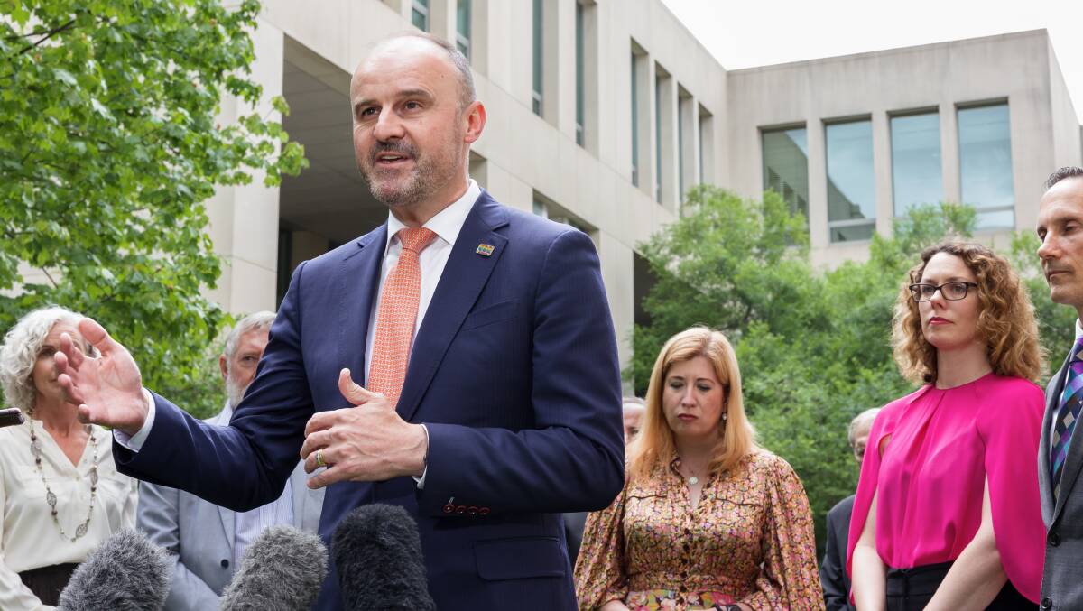 ACT chief minister Andrew Barr speaking with reporters ahead of the final vote on the territory rights bill. Picture by Sitthixay Ditthavong
