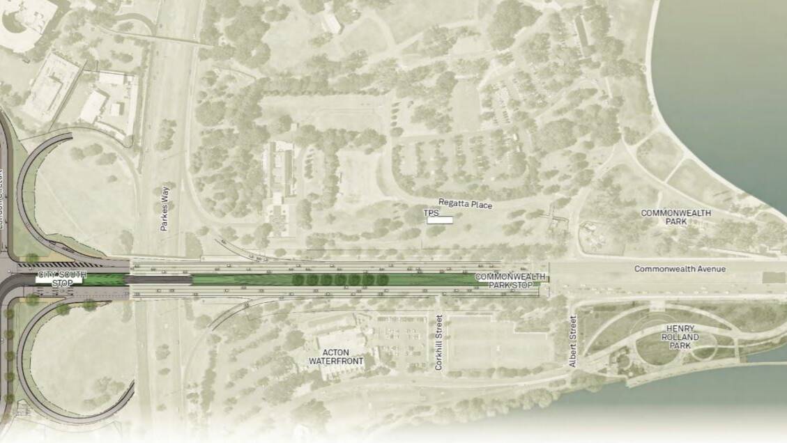 A overview of the proposed Alinga Street to Commonwealth Park light rail route. 