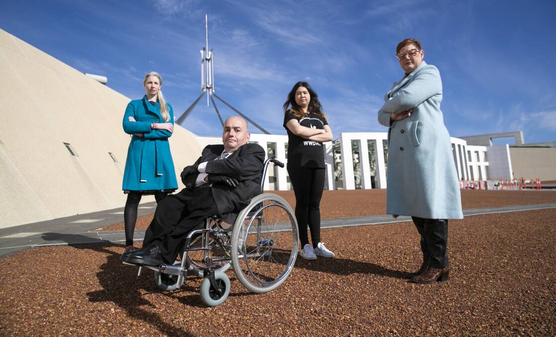 Advocacy for Inclusion policy officer Stacy Rheese, ACTCOSS head of policy Craig Wallace, Women with Disabilities ACT chief executive Kat Reed and Mental Health Community Coalition boss Bec Cody. Picture: Keegan Carroll