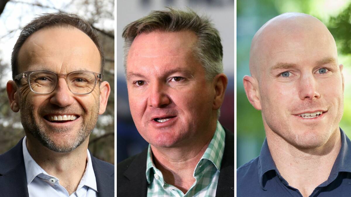 Greens leader Adam Bandt, Energy Minister Chris Bowen and independent David Pocock.
