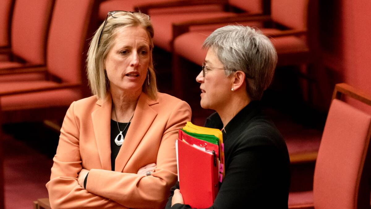 Labor senator Katy Gallagher and her senior colleague Penny Wong in the Senate on Tuesday. Picture by Elesa Kurtz