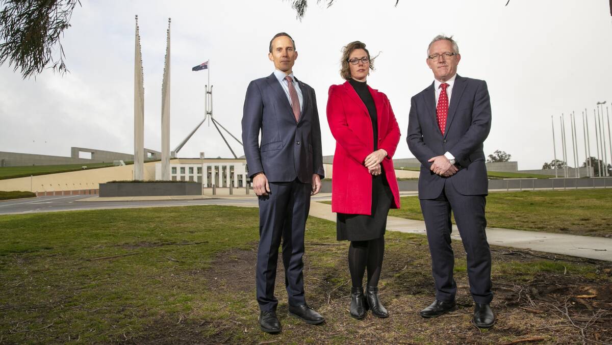 ACT Labor MPs Andrew Leigh, Alicia Payne and David Smith are pushing to repeal the so-called Andrews bill. Picture: Keegan Carroll