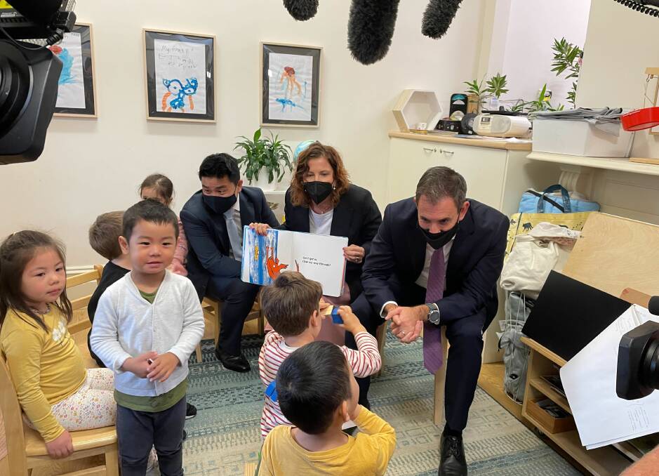 Jim Chalmers and Labor's early childhood education spokeswoman, Amanda Rishworth, visited a childcare centre in the seat of Banks in Sydney. Picture: Gerard Cockburn