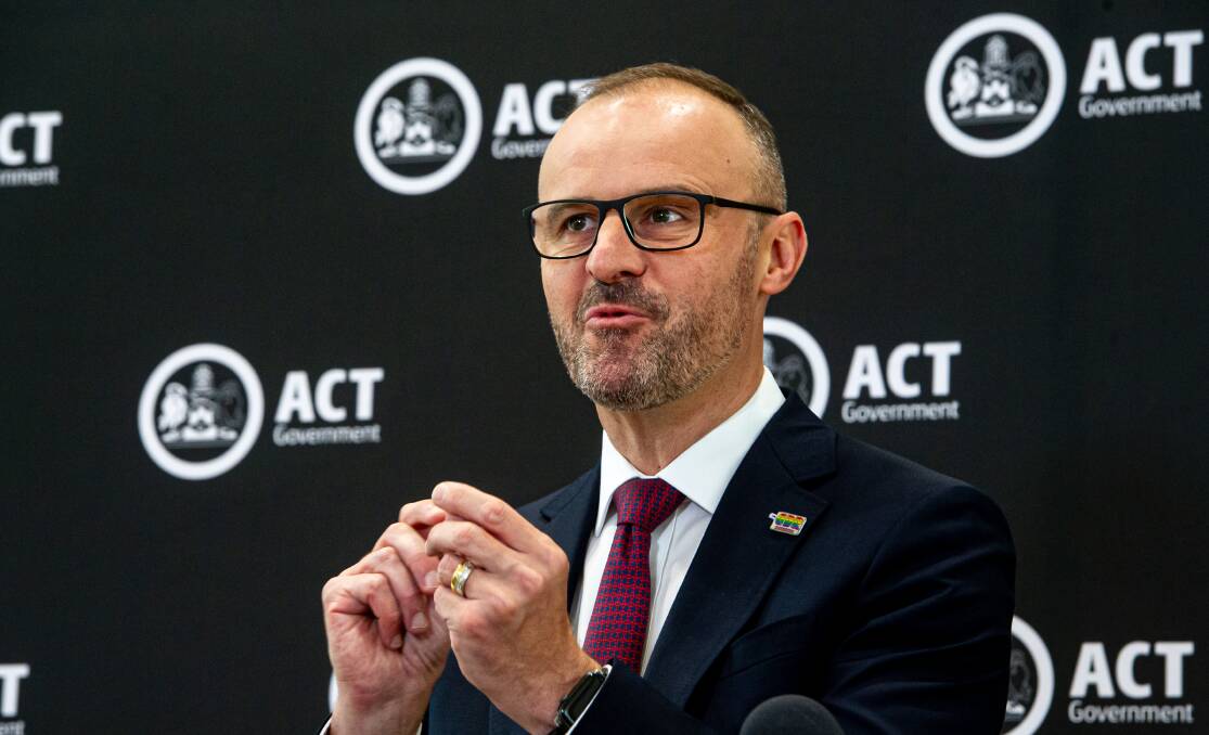 Andrew Barr's speaks to the media before handing down the 2020-21 ACT budget. Picture: Elesa Kurtz