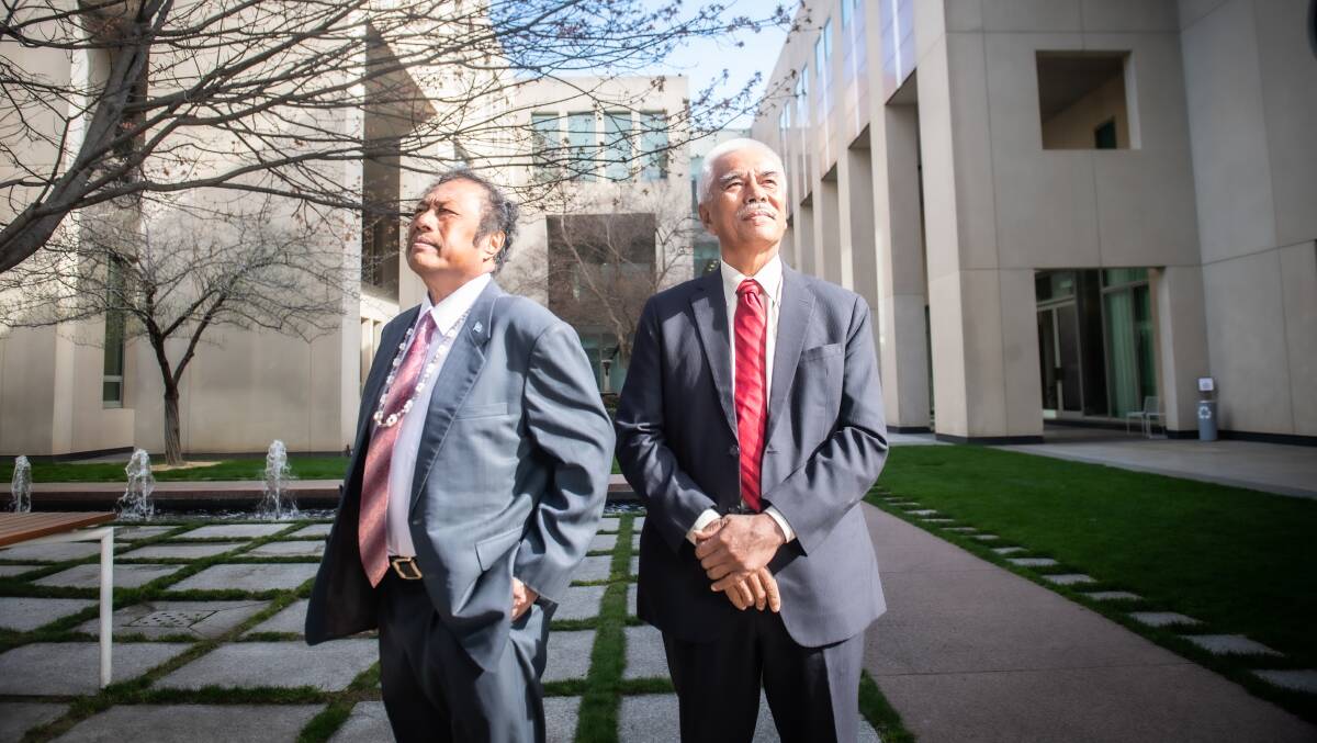 Tommy E. Remengesau, the former president of Palau (left) and Anote Tong, the former president of Kiribati (right), at Parliament House. Picture by Karleen Minney