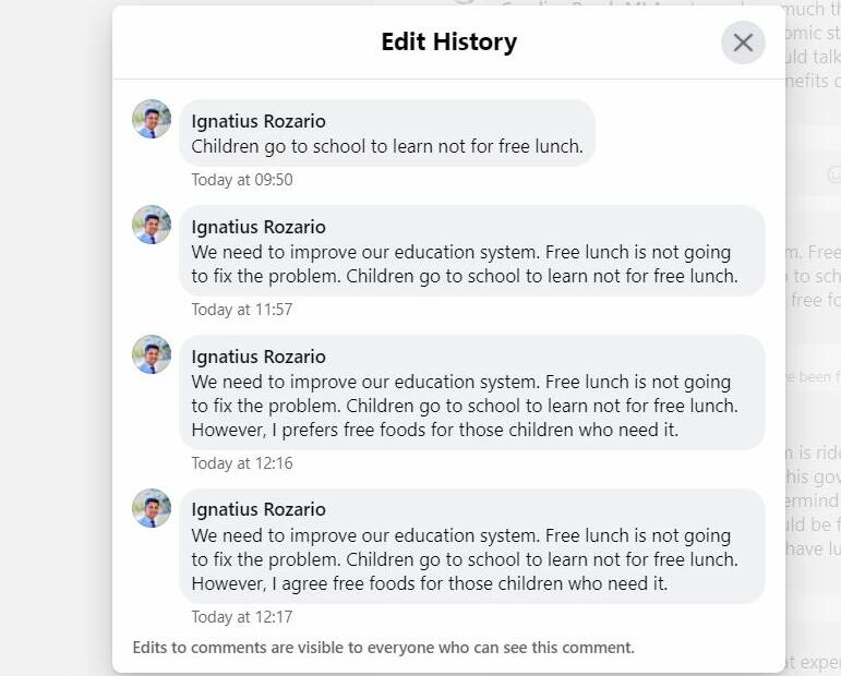 A screenshot of Ignatius Rozario's Facebook comment, which was edited three times in the space of 20 minutes. 