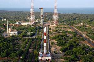 India's PSLV-C11 stands on the launch pad at the Satish Dhawan Space Centre in Sriharikota in the Southern Indian state of Tamil Nadu.