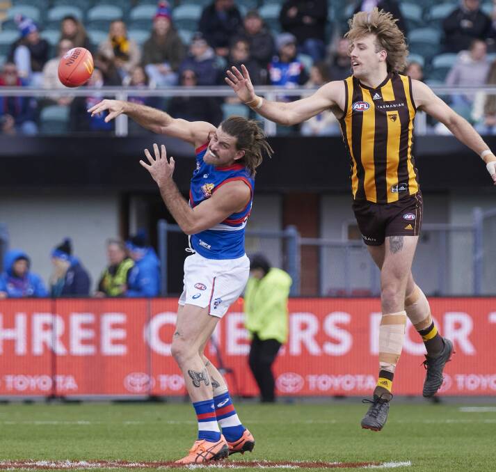 Josh Bruce (left) with the Western Bulldogs. Picture by Rod Thompson