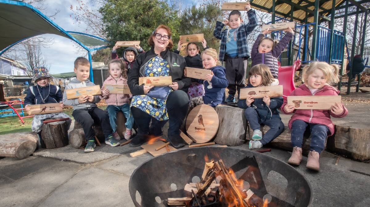 Woden Valley Early Learning Centre nature pedagogy leader Gabby Millgate with Hudson Pooley, Austin Prague, Daisy Franks, Tyler Harley, Poppy Weiss, Octavia Werner- Gibbings, Lincoln West, Frankie Torres, Zoe Elliott and Piper Bullock. Picture: Karleen Minney.