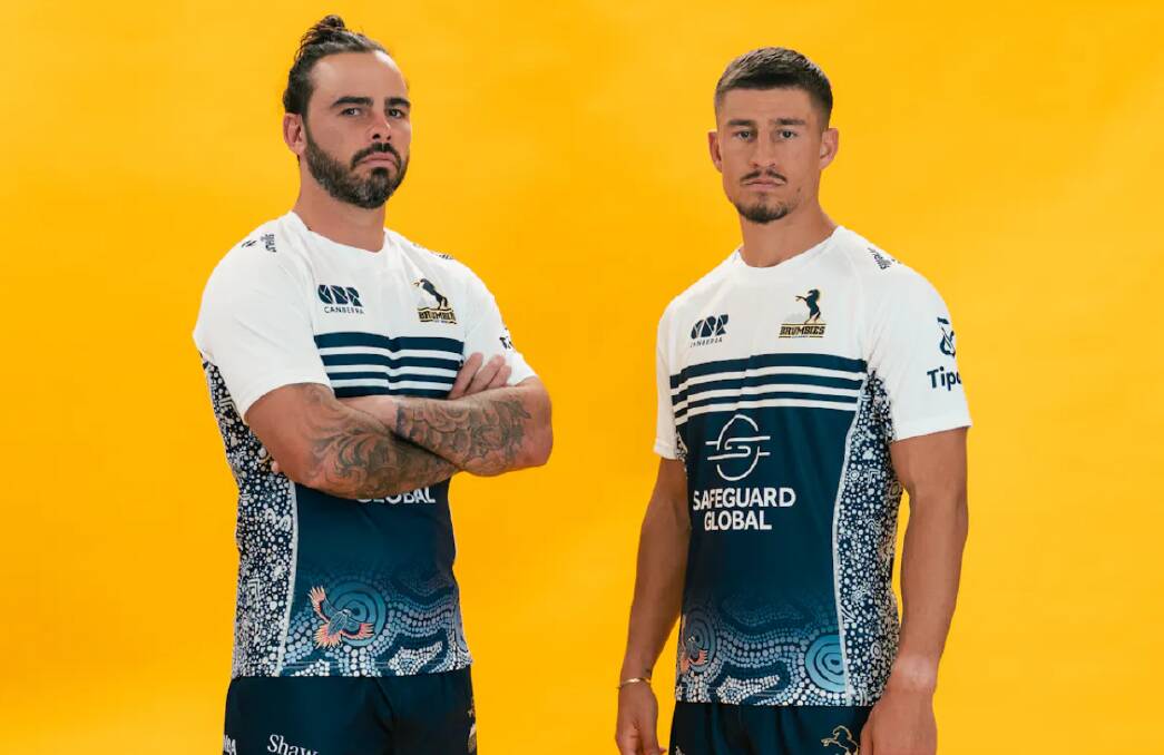 Andy Muirhead and Harrison Goddard wearing the ACT Brumbies' new Indigenous jersey. Picture Brumbies Media