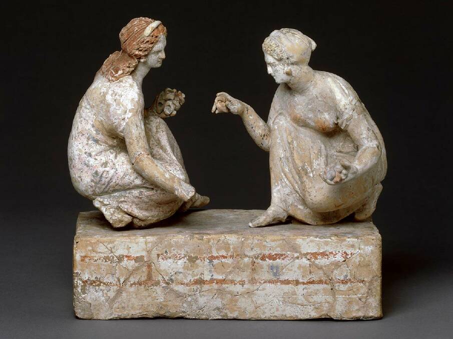 Women playing knucklebones, terracotta, Capua, Campania, Italy, about 330300 BCE, 21 x 24 x 13 cm, 1867,0510.1. The Trustees of the British Museum, 2021.