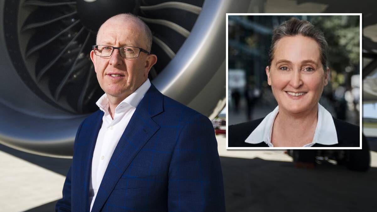 Airport head Stephen Byron and, inset, Qantas CEO Vanessa Hudson. Pictures by Dion Georgopoulos, supplied